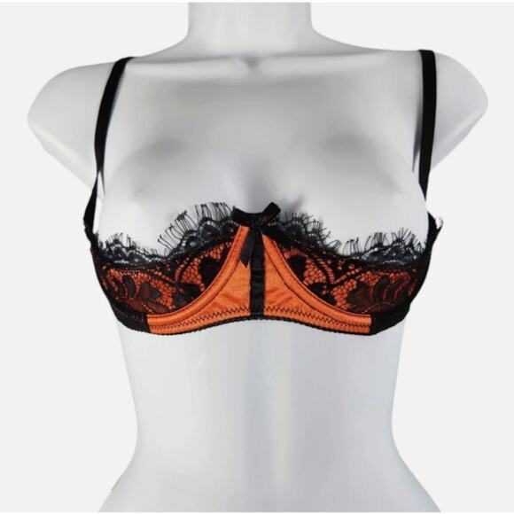 Fredericks of Hollywood Black Orange Lux Lace Open Cup Shelf Underwire Bra 10 - Picture 1 of 4